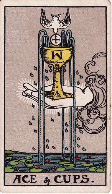 Ace of Cups, from the 1909 Waite-Smith tarot drawn by Pamela Colman Smith