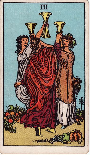 Three of Cups, drawn by Pamela Colman Smith, 1909