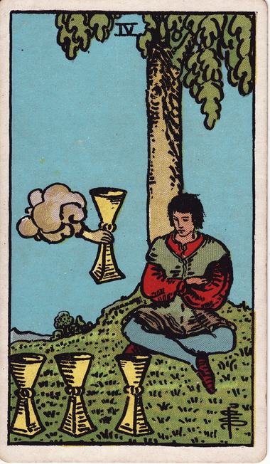 Four of Cups, drawn by Pamela Colman Smith, 1909