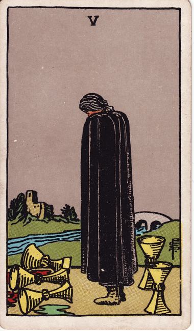 Five of Cups, drawn by Pamela Colman Smith, 1909