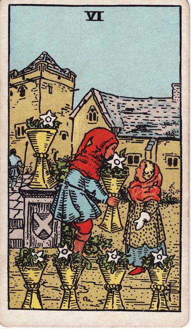 Six of Cups, drawn by Pamela Colman Smith, 1909