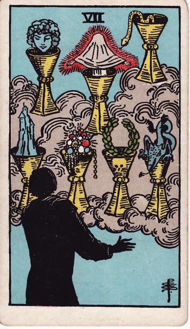 Seven of Cups, drawn by Pamela Colman Smith, 1909