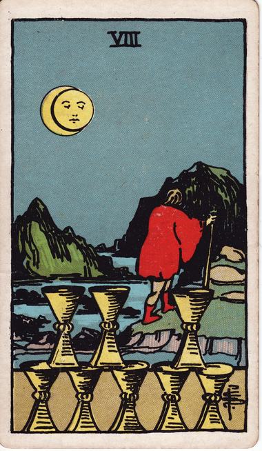 Eight of Cups, drawn by Pamela Colman Smith, 1909