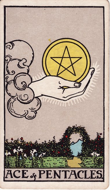Ace of Pentacles, from the 1909 Waite-Smith tarot drawn by Pamela Colman Smith
