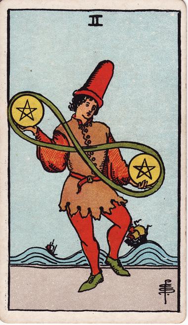 Two of Pentacles, drawn by Pamela Colman Smith, 1909