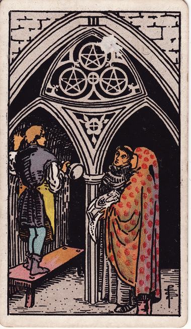 Three of Pentacles, drawn by Pamela Colman Smith, 1909