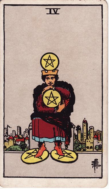 Four of Pentacles, drawn by Pamela Colman Smith, 1909