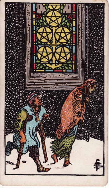 Five of Pentacles, drawn by Pamela Colman Smith, 1909