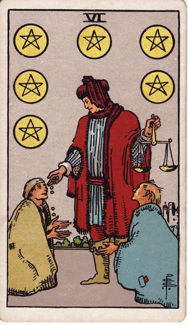 Six of Pentacles, drawn by Pamela Colman Smith, 1909
