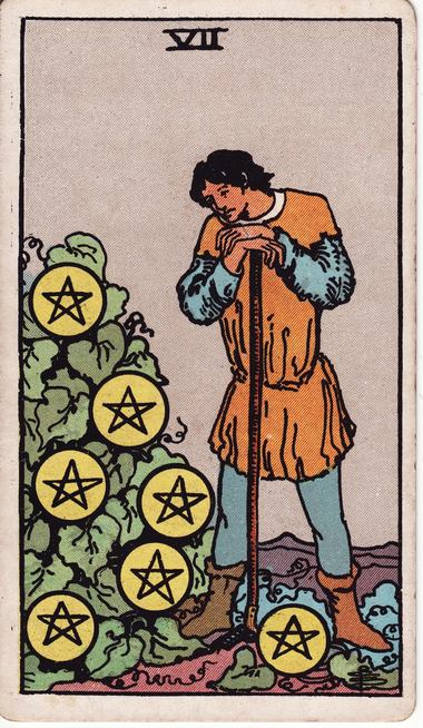 Seven of Pentacles, drawn by Pamela Colman Smith, 1909