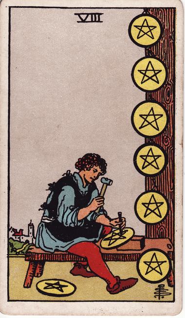 Eight of Pentacles, drawn by Pamela Colman Smith, 1909
