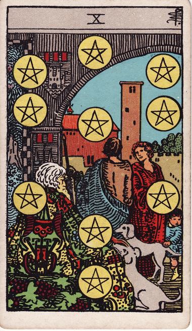 Ten of Pentacles, drawn by Pamela Colman Smith, 1909