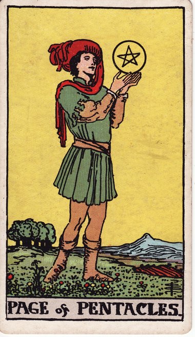 Page of Pentacles, from the 1909 Waite-Smith tarot drawn by Pamela Colman Smith