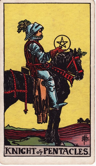 Knight of Pentacles, drawn by Pamela Colman Smith, 1909