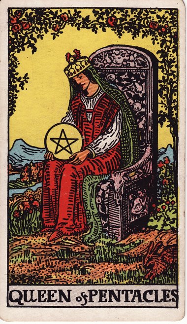 Queen of Pentacles, drawn by Pamela Colman Smith, 1909