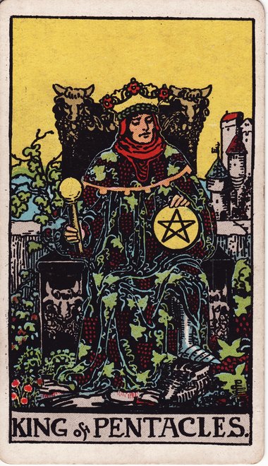 King of Pentacles, drawn by Pamela Colman Smith, 1909