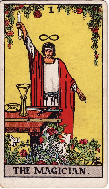 The Magician from the 1909 Waite-Smith tarot, drawn by Pamela Colman Smith
