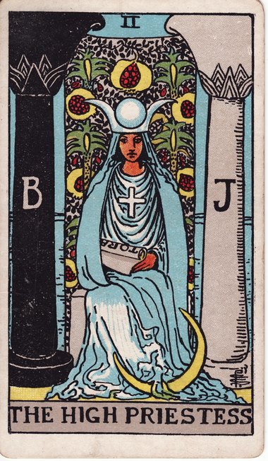 The High Priestess from the 1909 Waite-Smith tarot, drawn by Pamela Colman Smith