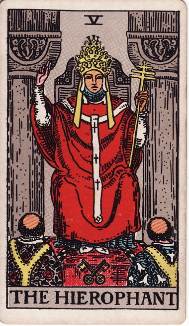 The Hierophant from the 1909 Waite-Smith tarot, drawn by Pamela Colman Smith