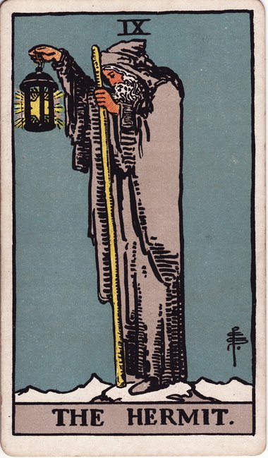 The Hermit from the 1909 Waite-Smith tarot, drawn by Pamela Colman Smith