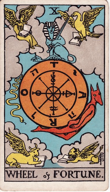 The Wheel of Fortune from the 1909 Waite-Smith tarot, drawn by Pamela Colman Smith