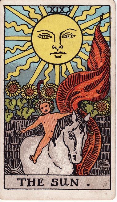 The Sun from the 1909 Waite-Smith tarot, drawn by Pamela Colman Smith