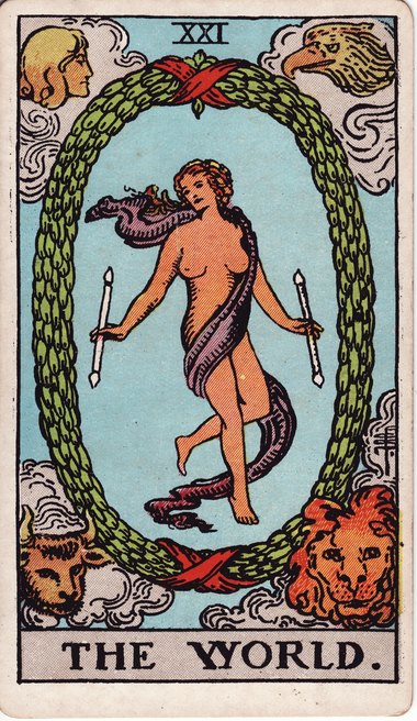 The World from the 1909 Waite-Smith tarot, drawn by Pamela Colman Smith