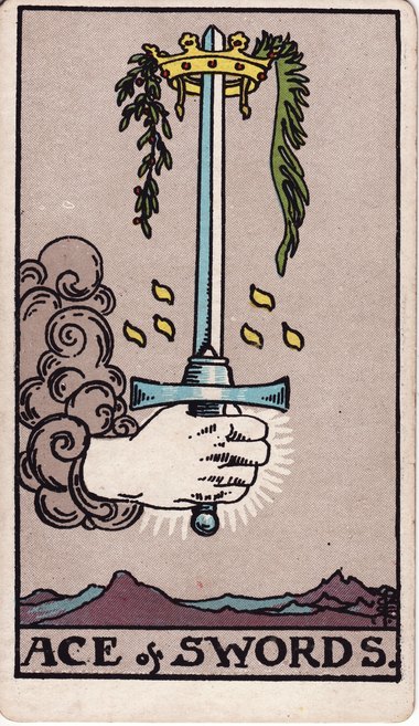 Ace of Swords, from the 1909 Waite-Smith tarot drawn by Pamela Colman Smith