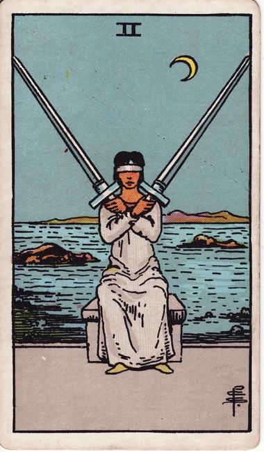 Two of Swords, drawn by Pamela Colman Smith, 1909