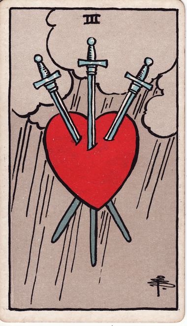 Three of Swords, drawn by Pamela Colman Smith, 1909