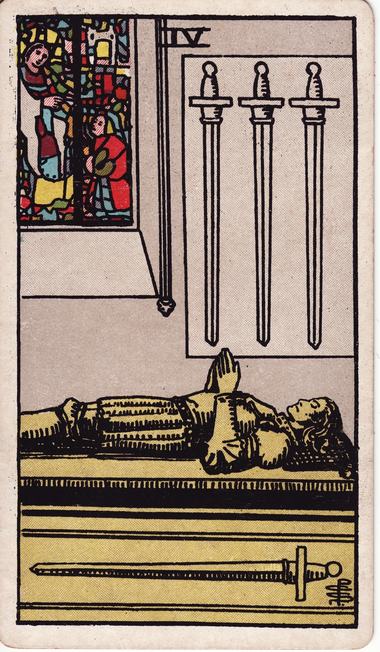 Four of Swords, drawn by Pamela Colman Smith, 1909