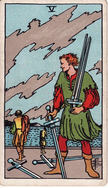 Five of Swords, drawn by Pamela Colman Smith, 1909