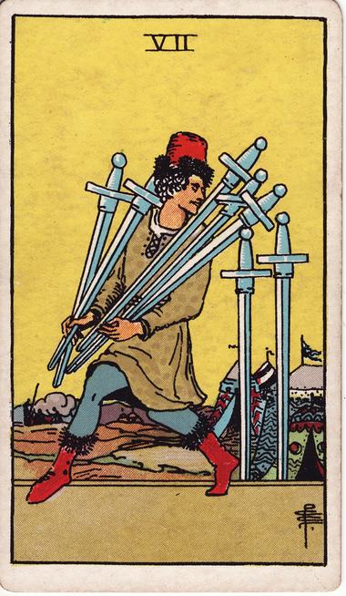 Seven of Swords, drawn by Pamela Colman Smith, 1909