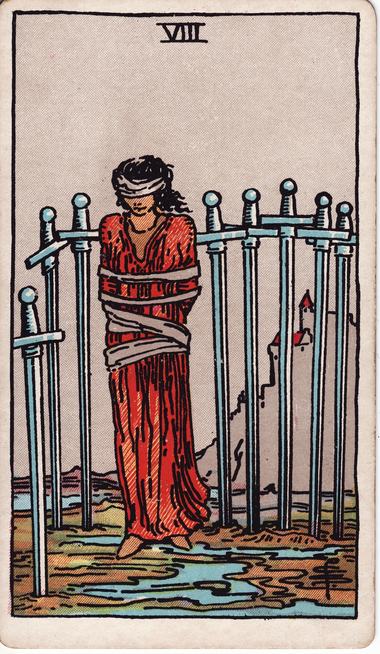 Eight of Swords, drawn by Pamela Colman Smith, 1909