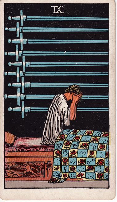 Nine of Swords, drawn by Pamela Colman Smith, 1909