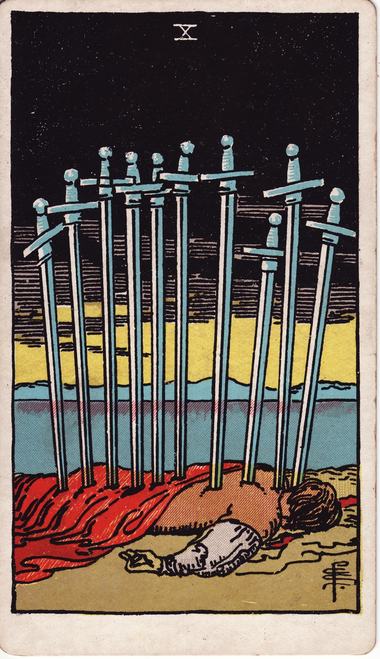 Ten of Swords, drawn by Pamela Colman Smith, 1909