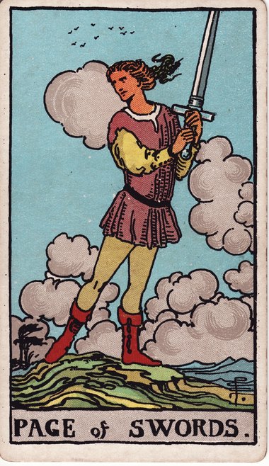 Page of Swords, from the 1909 Waite-Smith tarot drawn by Pamela Colman Smith