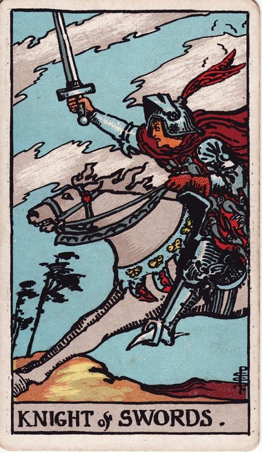 Knight of Swords, drawn by Pamela Colman Smith, 1909