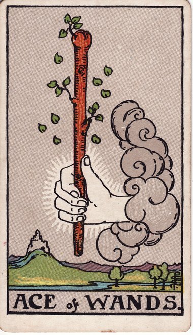 Ace of Wands, from the 1909 Waite-Smith tarot drawn by Pamela Colman Smith