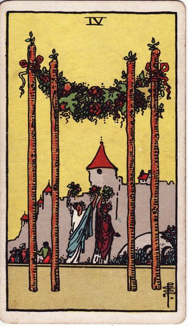 Cuatro de Bastos, del tarot Waite-Smith de 1909, dibujado por Pamela Colman Smith
