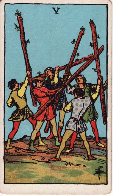 Five of Wands, drawn by Pamela Colman Smith, 1909