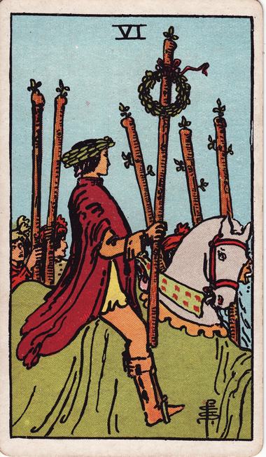 Six of Wands, drawn by Pamela Colman Smith, 1909