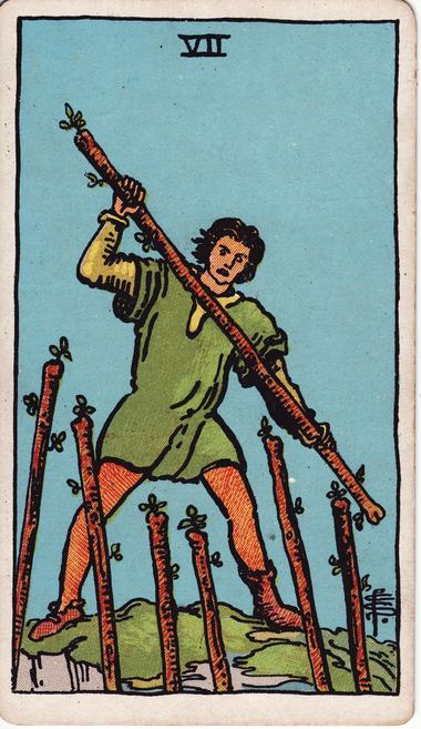 Seven of Wands, drawn by Pamela Colman Smith, 1909