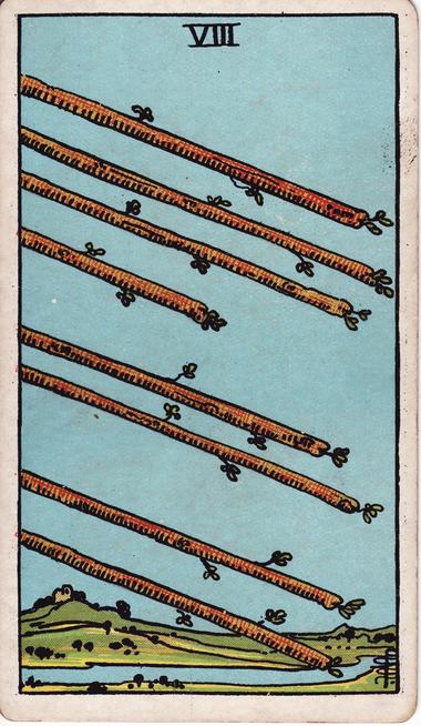 Eight of Wands, drawn by Pamela Colman Smith, 1909