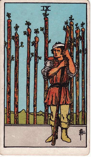 Nine of Wands, drawn by Pamela Colman Smith, 1909