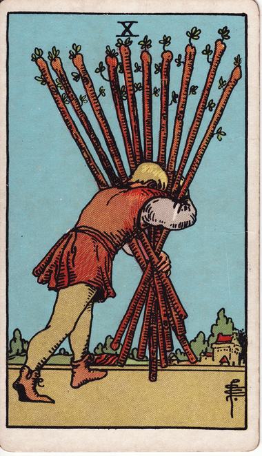 Ten of Wands, drawn by Pamela Colman Smith, 1909