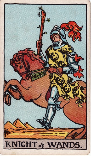 Knight of Wands, drawn by Pamela Colman Smith, 1909